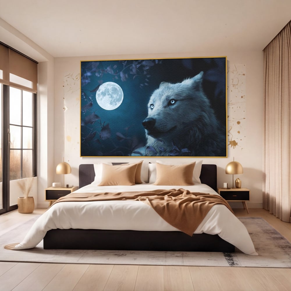 Tablou canvas cu tablou canvas cu lup si luna plina, in rama de aluminiu auriu, pe perete intr-un dormitor